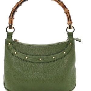 Green Leather Handbag with Bamboo Handle